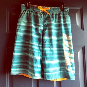 Nike swim trunks green stripe/orange accents